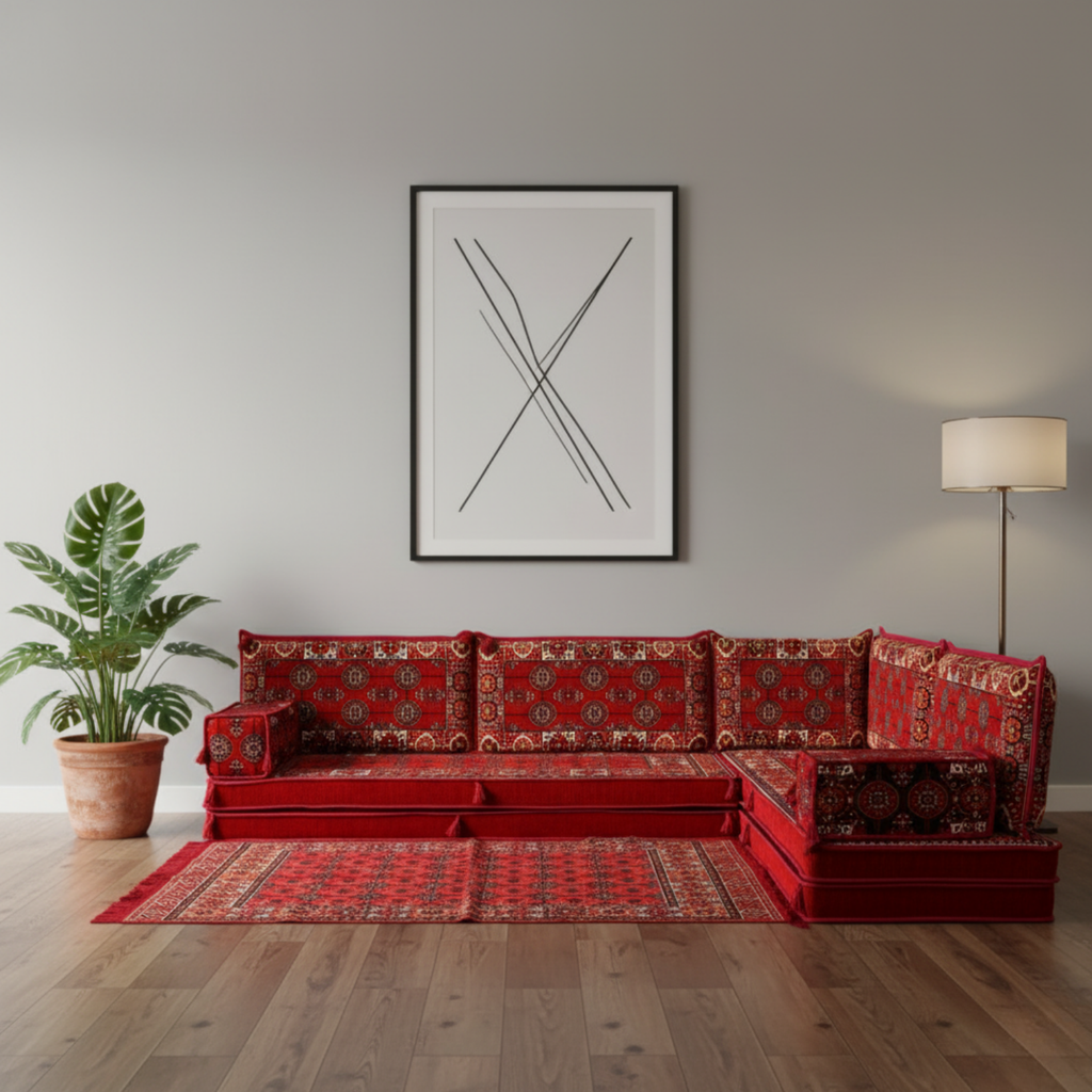 Arabic Floor Sofa Set – Red L Shaped Majlis Sectional with 8 Inch Cushions