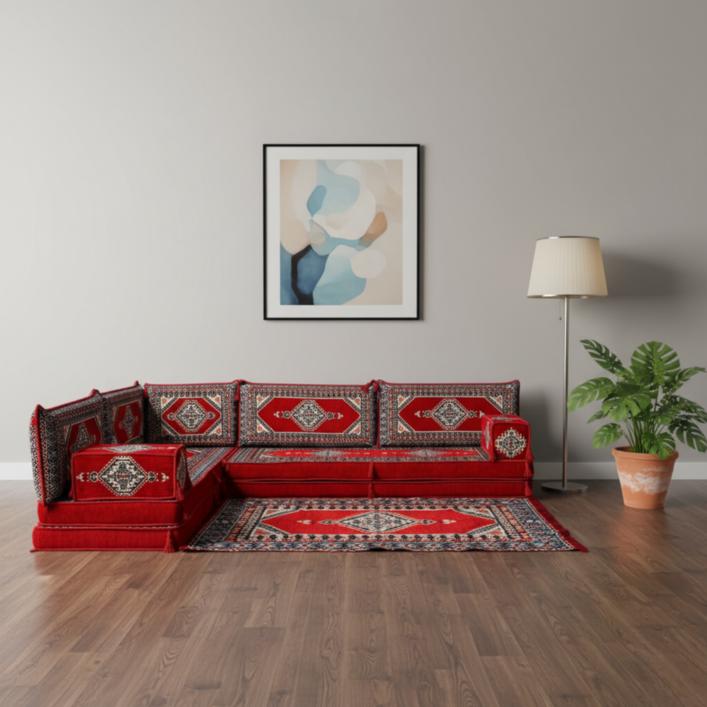Arabic Floor Sofa Set – Red L Shaped Majlis Sectional with 8 Inch Cushions