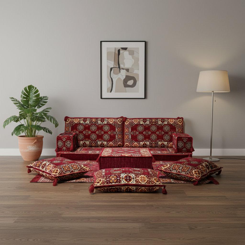 Arabic Loveseat Sofa Set – Maroon Loveseat Set with 4 and 8 Inch Cushion Options