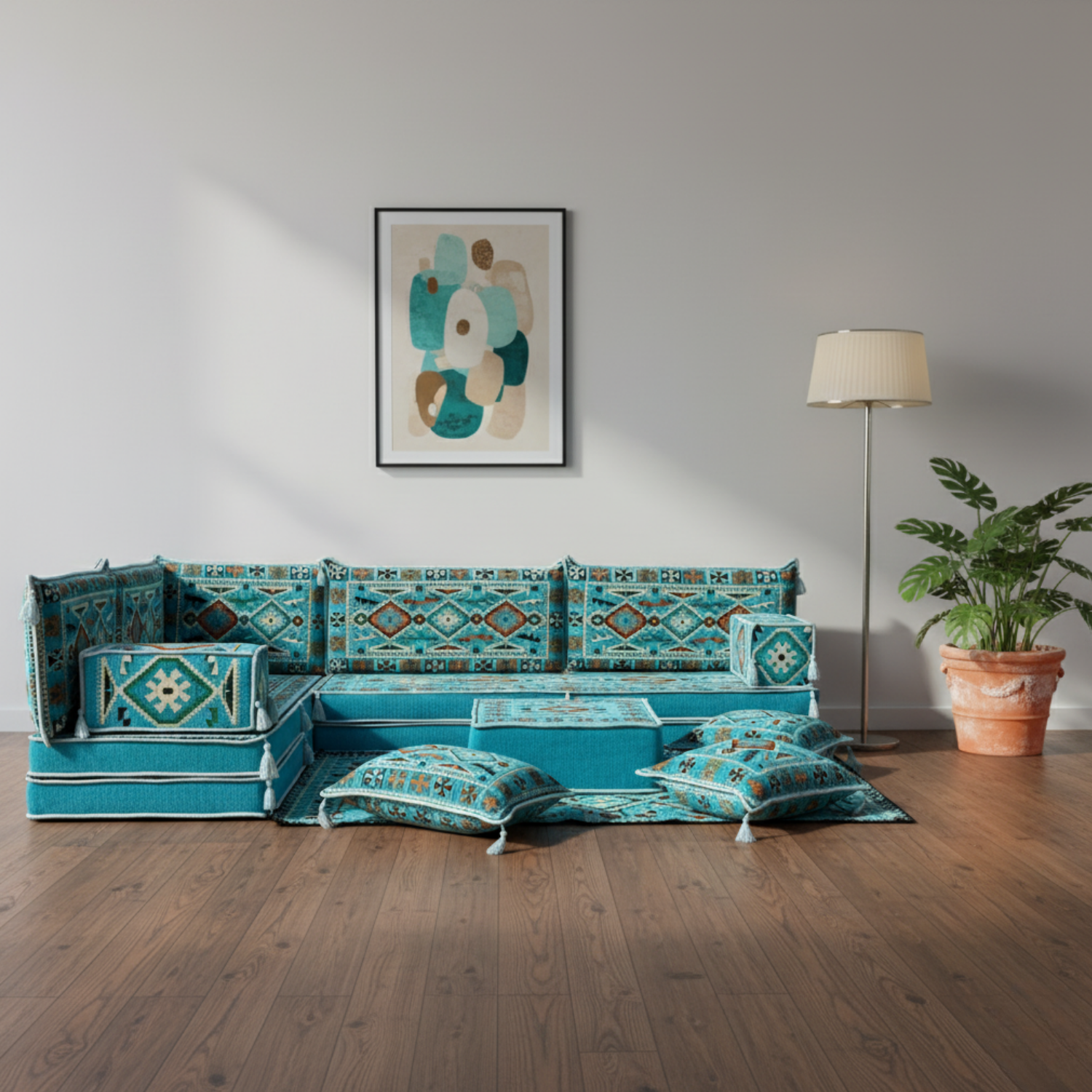Arabic Floor Sofa Set – Turquoise L Shaped Majlis Sectional with 8 Inch Cushions