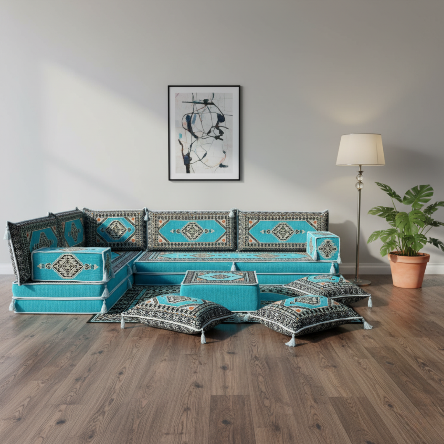 Arabic Floor Sofa Set – Turquoise L Shaped Majlis Sectional with 8 Inch Cushions