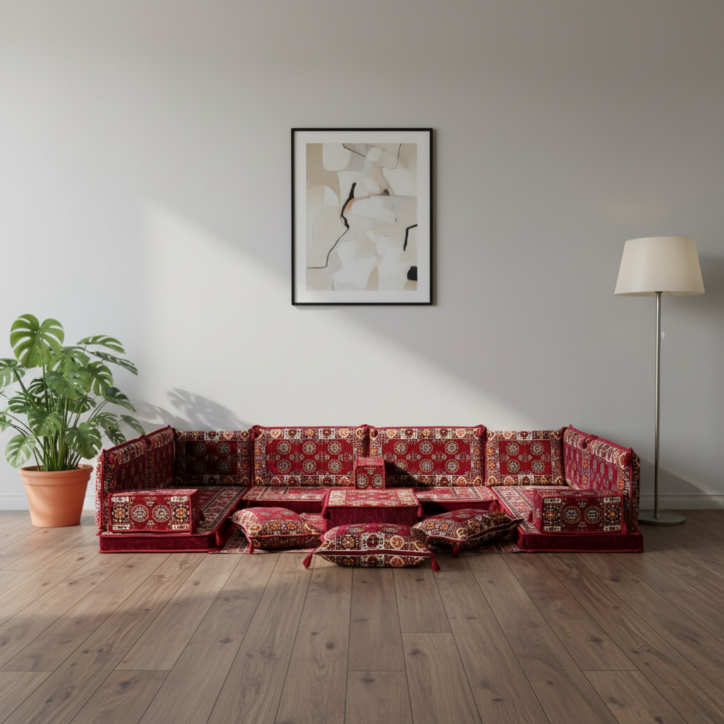 Arabic Floor Sofa Set – Maroon U Shaped Majlis Sectional with 4 Inch Cushions