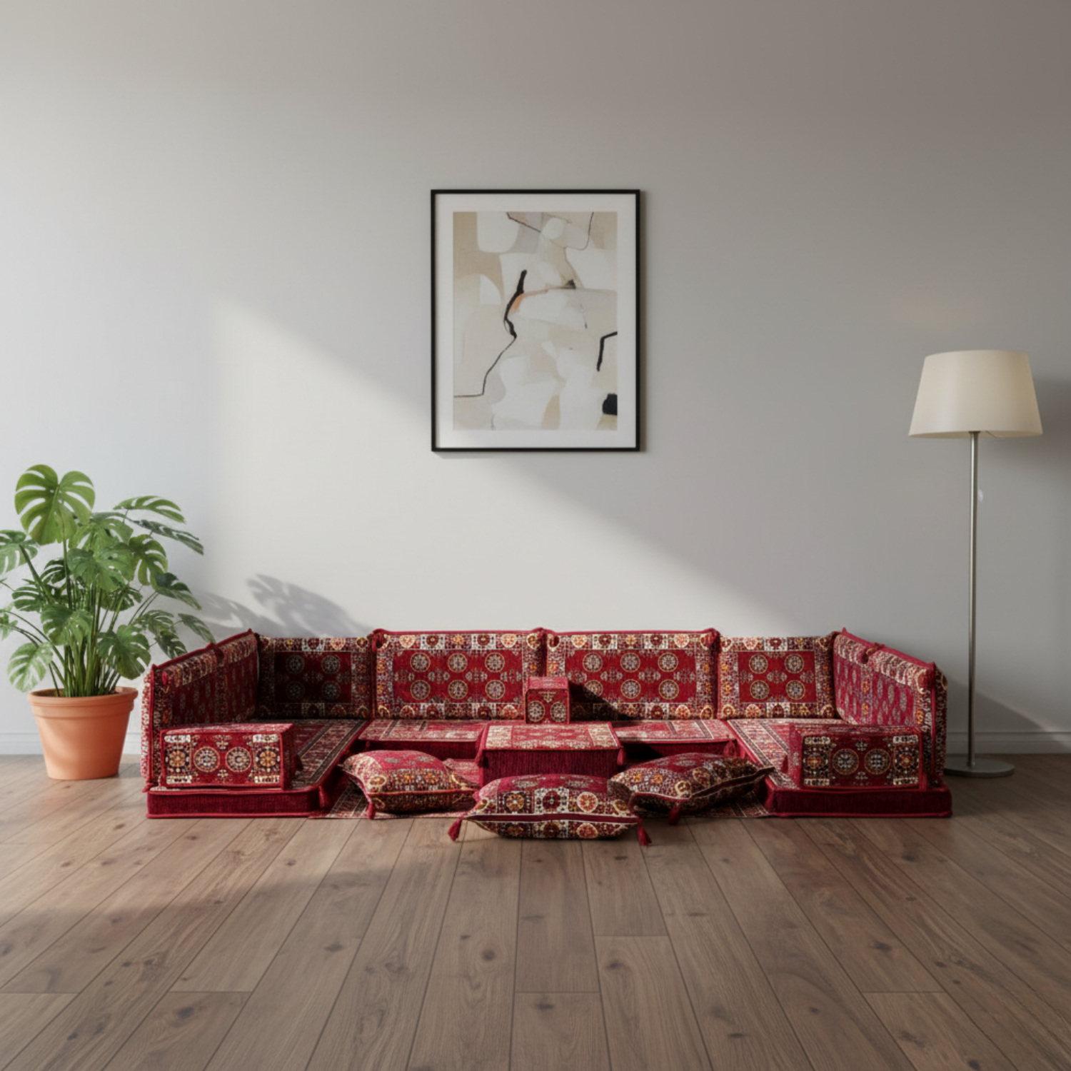 Arabic Floor Sofa Set – Maroon U Shaped Majlis Sectional with 4 Inch Cushions