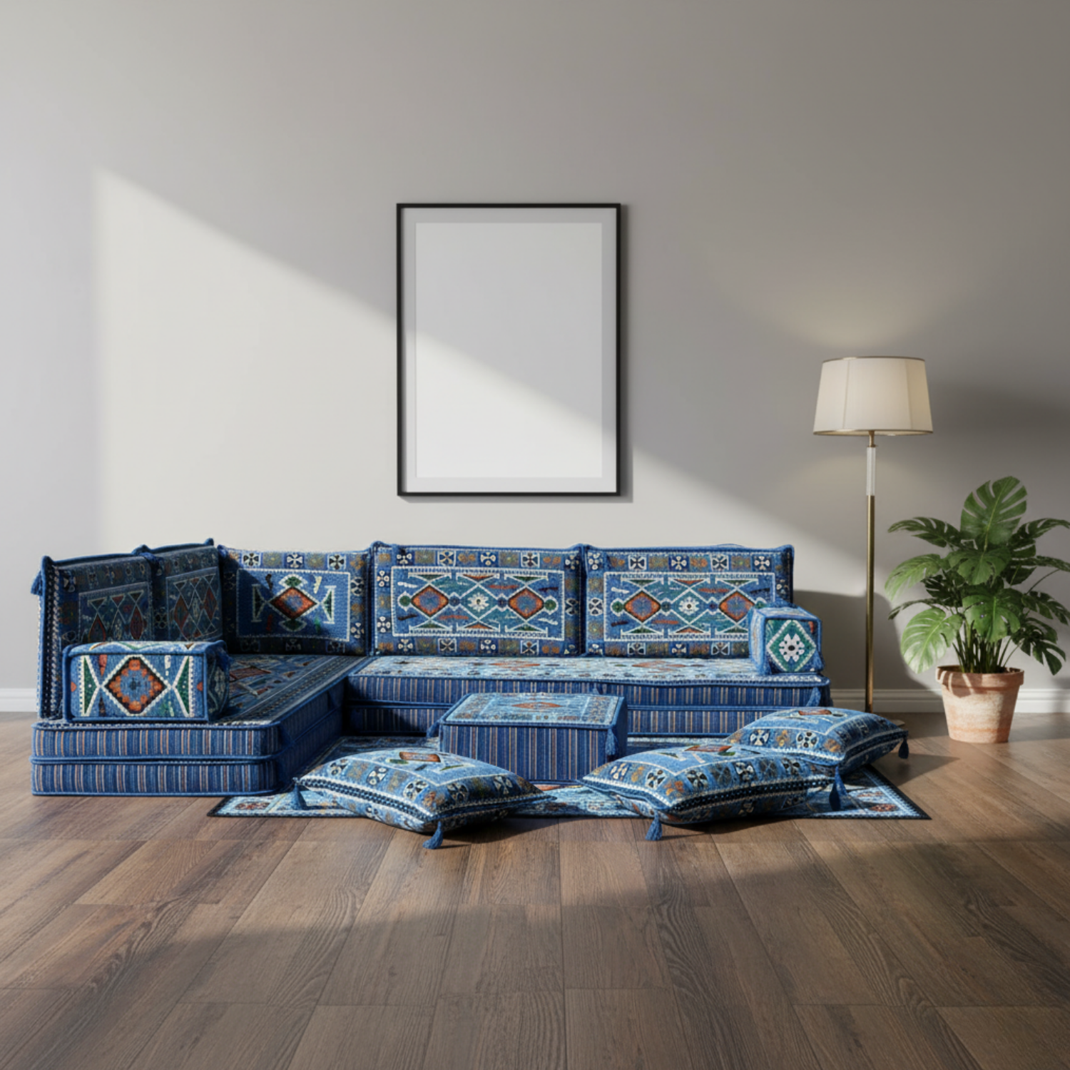 Arabic Floor Sofa Set – Navy Blue L Shaped Majlis Sectional with 8 Inch Cushions