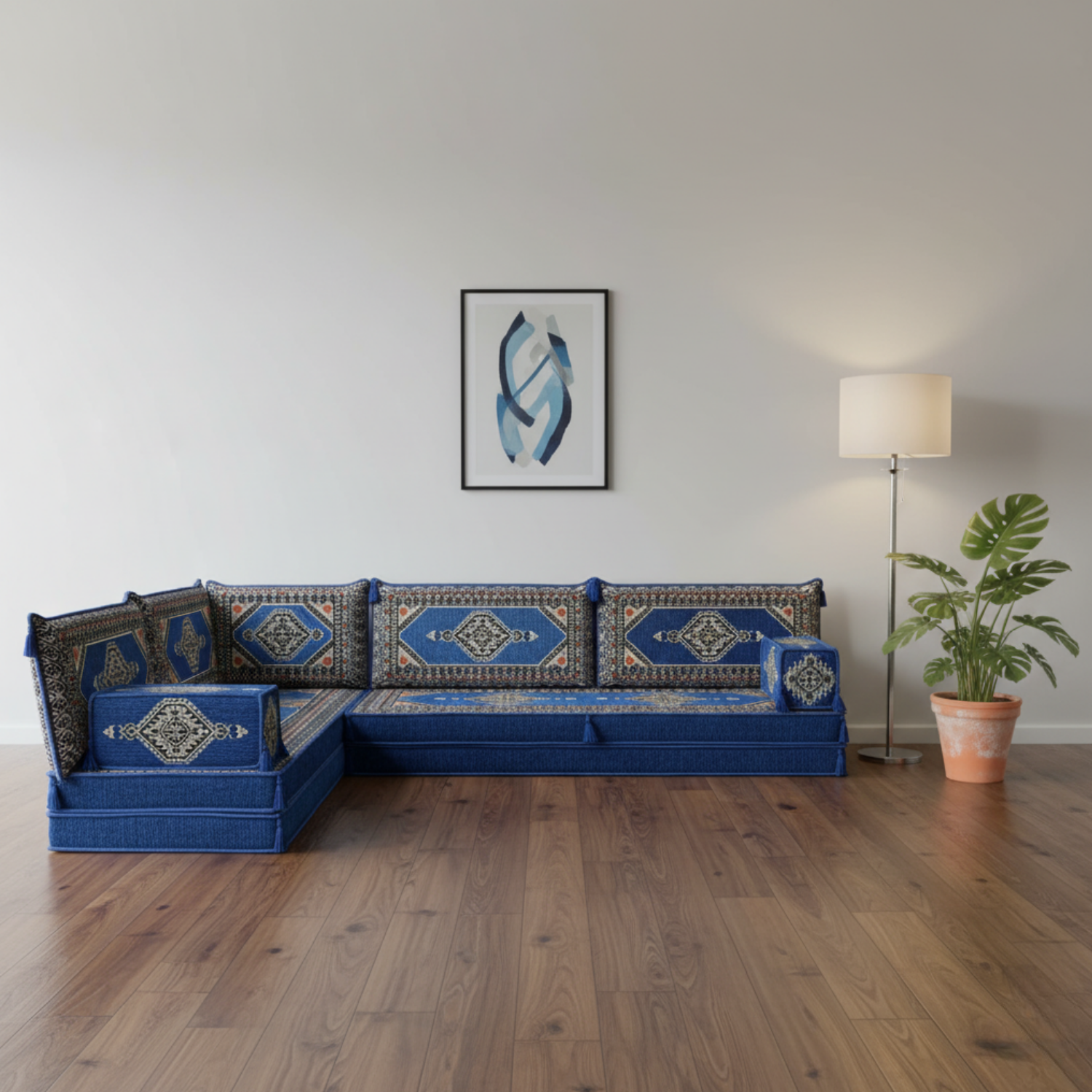 Arabic Floor Sofa Set – Blue L Shaped Majlis Sectional with 8 Inch Cushions