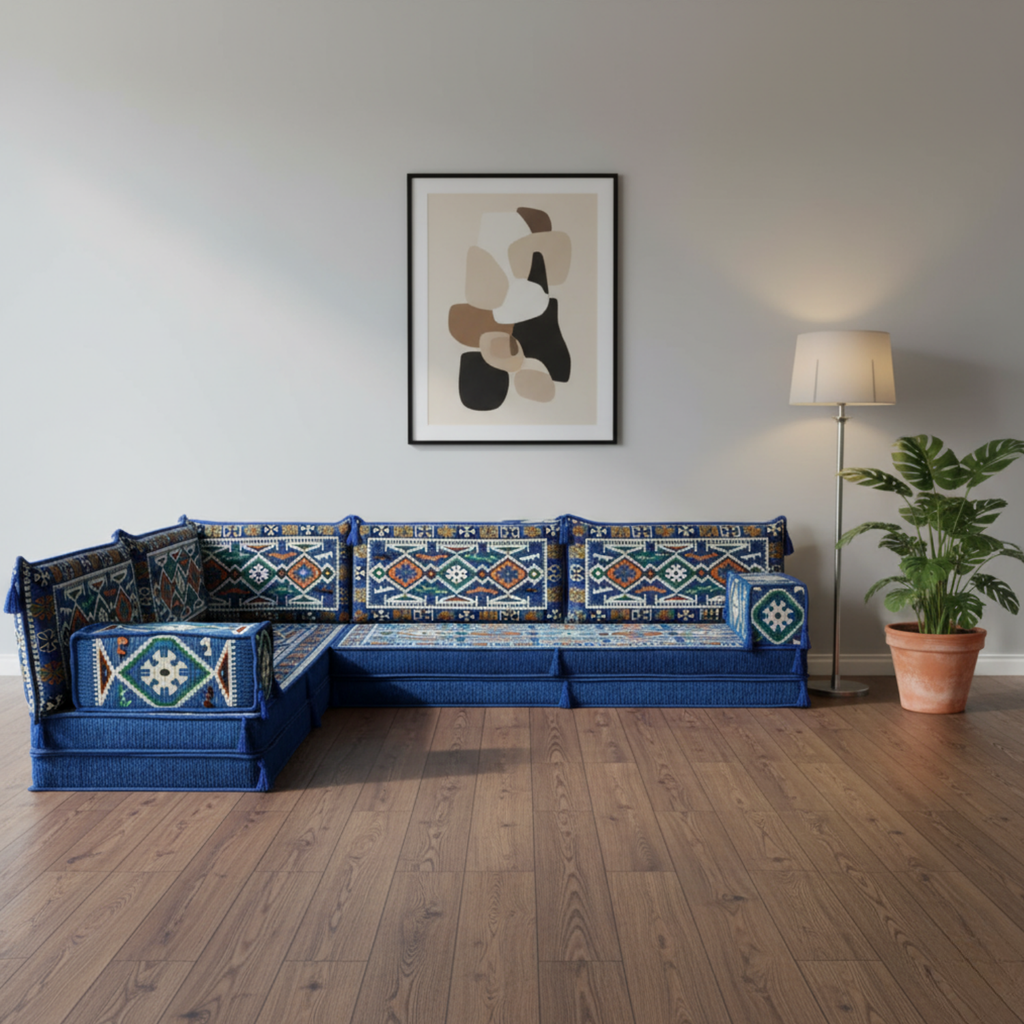 Arabic Floor Sofa Set – Blue L Shaped Majlis Sectional with 8 Inch Cushions
