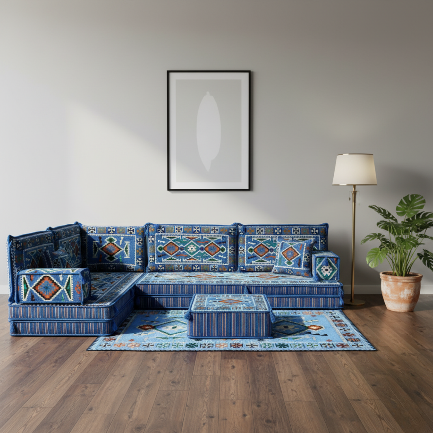 Arabic Floor Sofa Set – Navy Blue L Shaped Majlis Sectional with 8 Inch Cushions