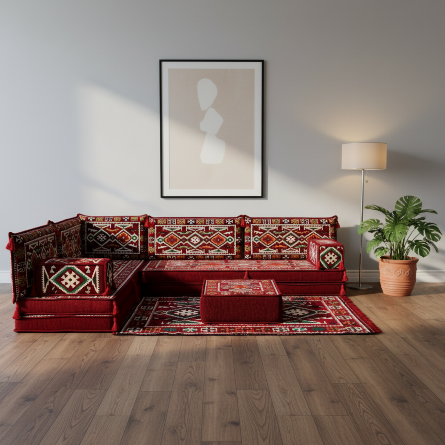 Arabic Floor Sofa Set – Maroon L Shaped Majlis Sectional with 8 Inch Cushions
