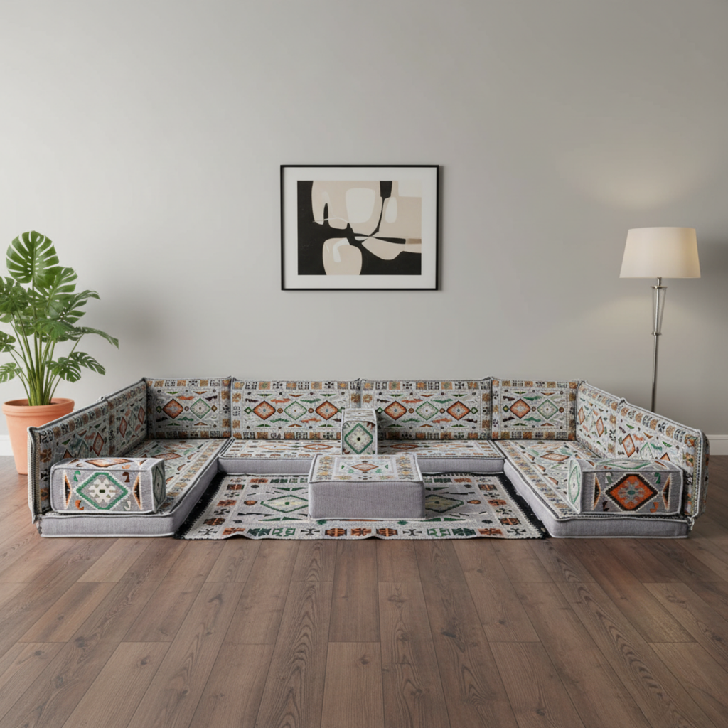 Arabic Floor Sofa Set – Gray U Shaped Majlis Sectional with 4 Inch Cushions