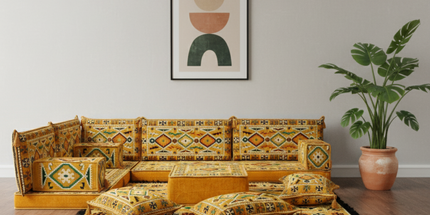Arabic Floor Sofa Set – Yellow L Shaped Majlis Sectional with 4 Inch Cushions
