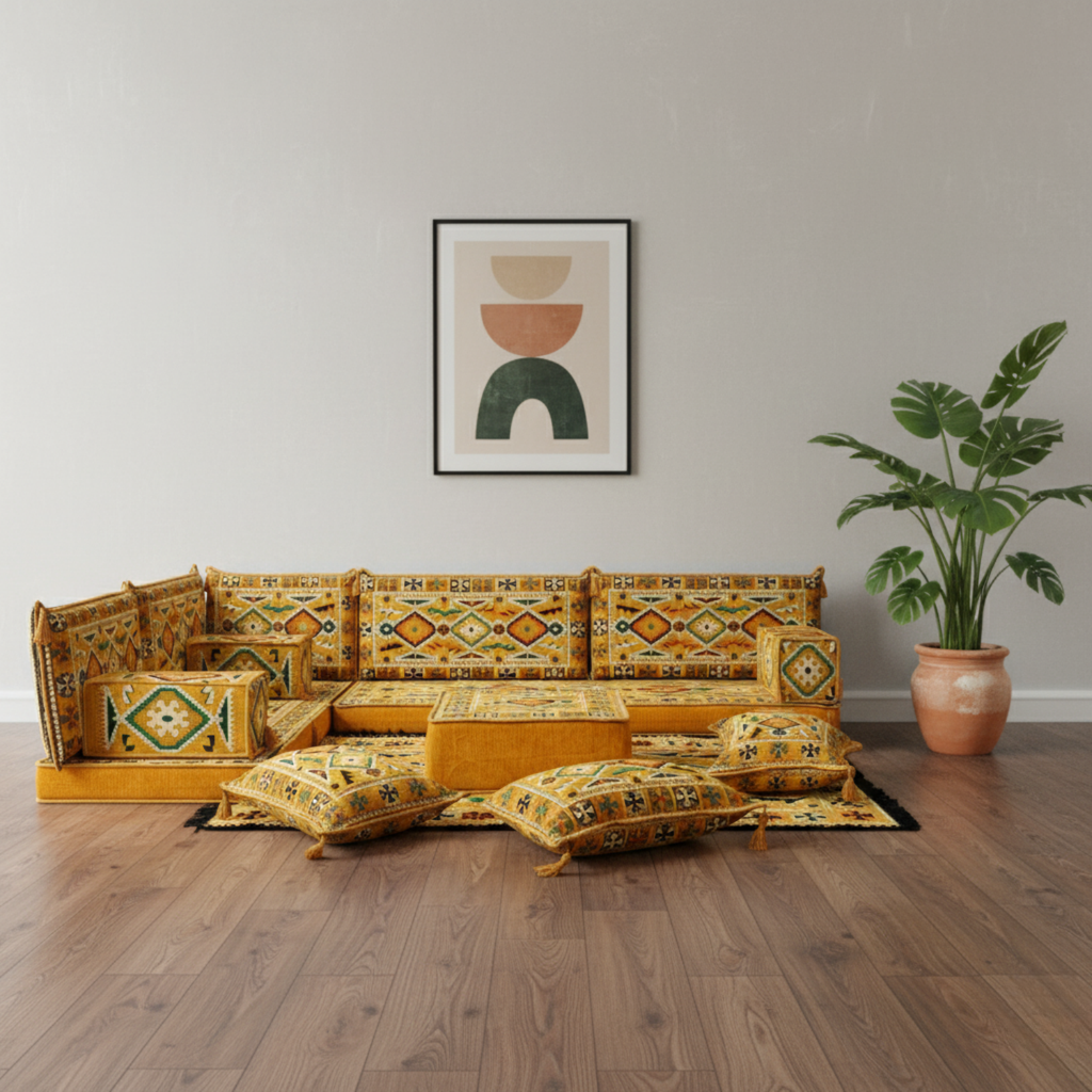 Arabic Floor Sofa Set – Yellow L Shaped Majlis Sectional with 4 Inch Cushions