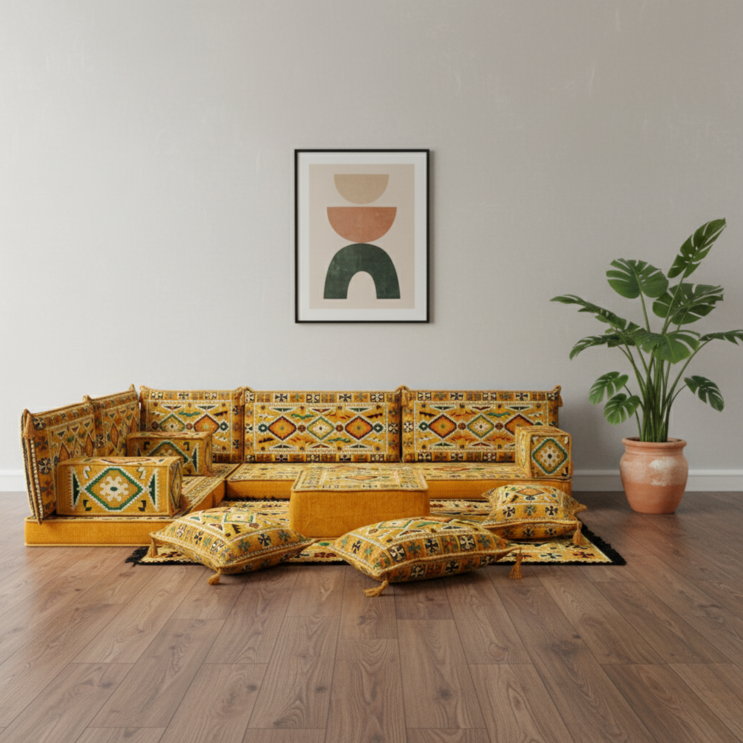 Arabic Floor Sofa Set – Yellow L Shaped Majlis Sectional with 4 Inch Cushions