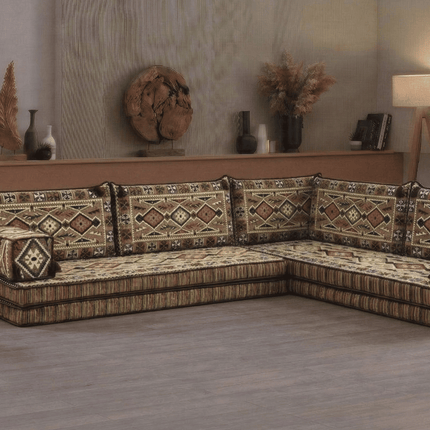 Arabic Floor Sofa Set – Light Brown L Shaped Majlis Sectional with 8 Inch Cushions