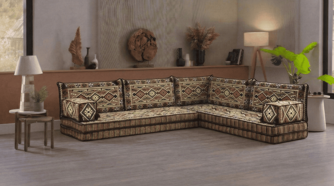 Arabic Floor Sofa Set – Light Brown L Shaped Majlis Sectional with 8 Inch Cushions