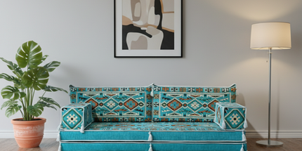 Arabic Loveseat Sofa – Turquoise Loveseat with 4 and 8 Inch Cushion Options