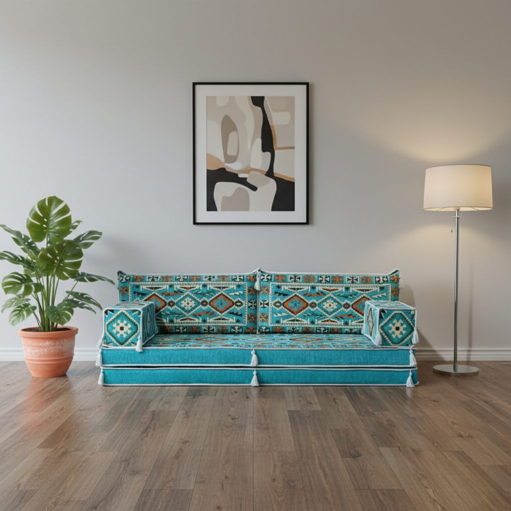 Arabic Loveseat Sofa – Turquoise Loveseat with 4 and 8 Inch Cushion Options