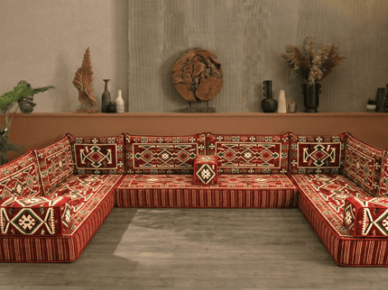 Cappadocia Kilim U-shaped Arabic majlis floor sofa in Red, 8-inch cushions - photo 6