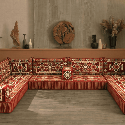 Arabic Floor Sofa Set – Red U Shaped Majlis Sectional with 8 Inch Cushions