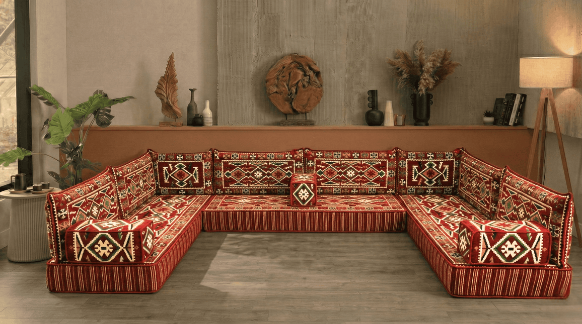 Arabic Floor Sofa Set – Red U Shaped Majlis Sectional with 8 Inch Cushions