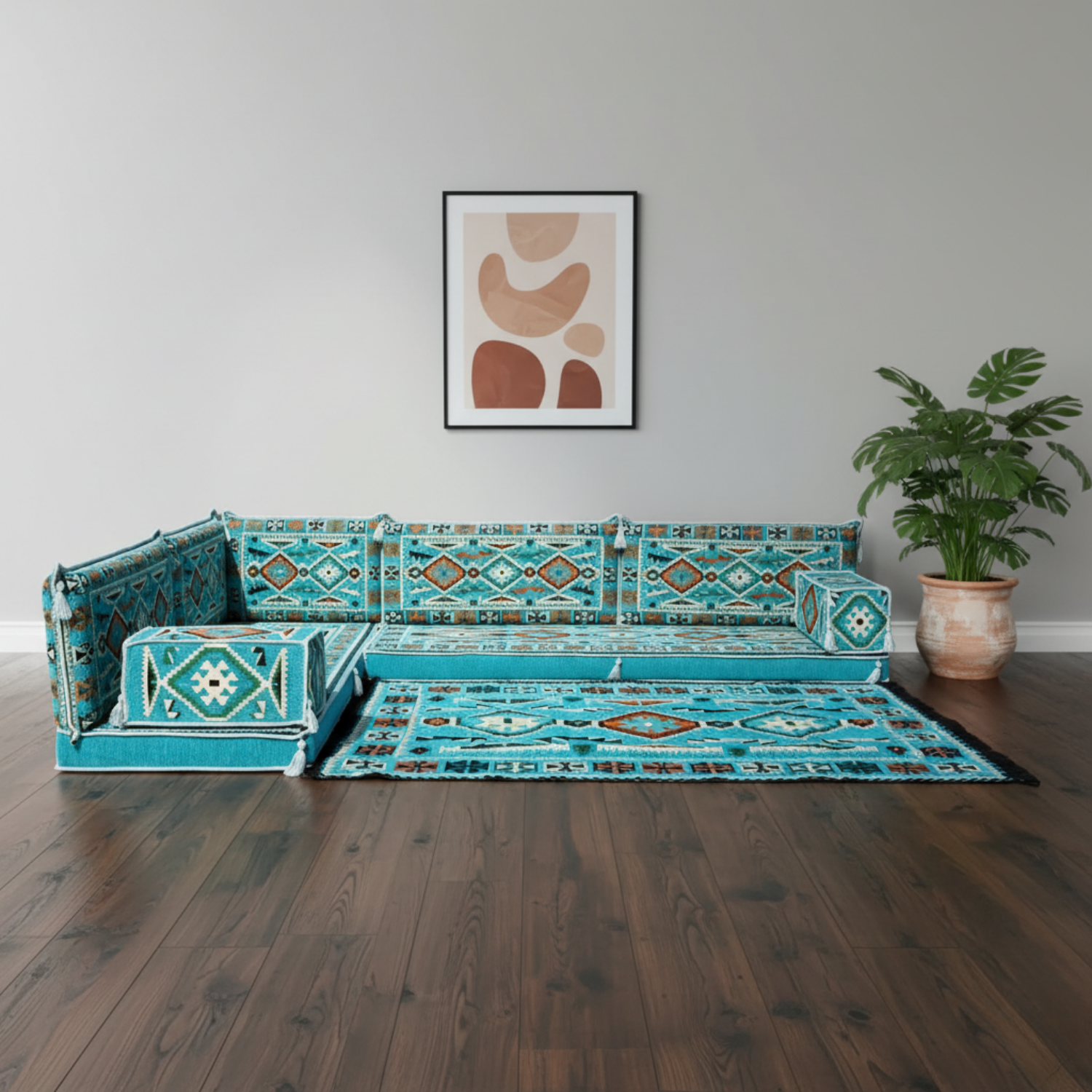 Arabic Floor Sofa Set – Turquoise L Shaped Majlis Sectional with 4 Inch Cushions