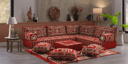 Arabic Floor Sofa Set – Red L Shaped Majlis Sectional with 8 Inch Cushions