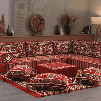 Arabic Floor Sofa Set – Red L Shaped Majlis Sectional with 8 Inch Cushions