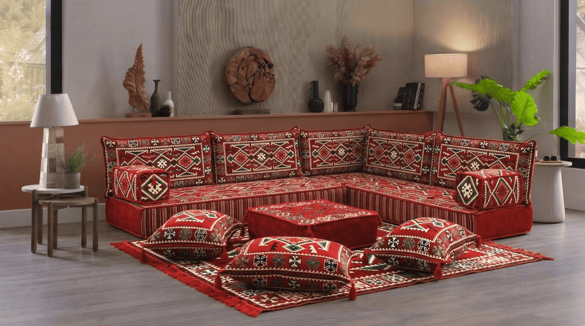 Arabic Floor Sofa Set – Red L Shaped Majlis Sectional with 8 Inch Cushions