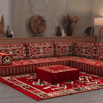 Arabic Floor Sofa Set – Red L Shaped Majlis Sectional with 8 Inch Cushions