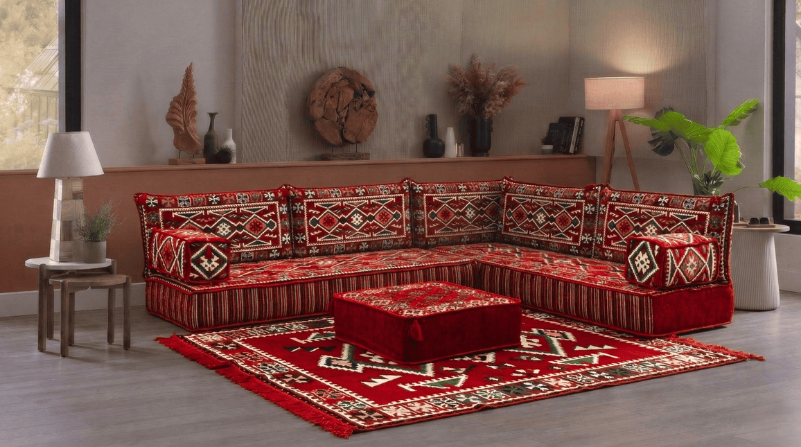 Arabic Floor Sofa Set – Red L Shaped Majlis Sectional with 8 Inch Cushions