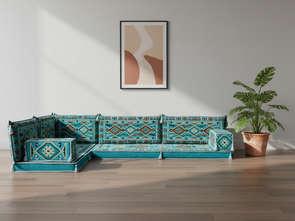 Cappadocia Kilim L-shaped Arabic floor sofa, Turquoise 4-inch, photo 3