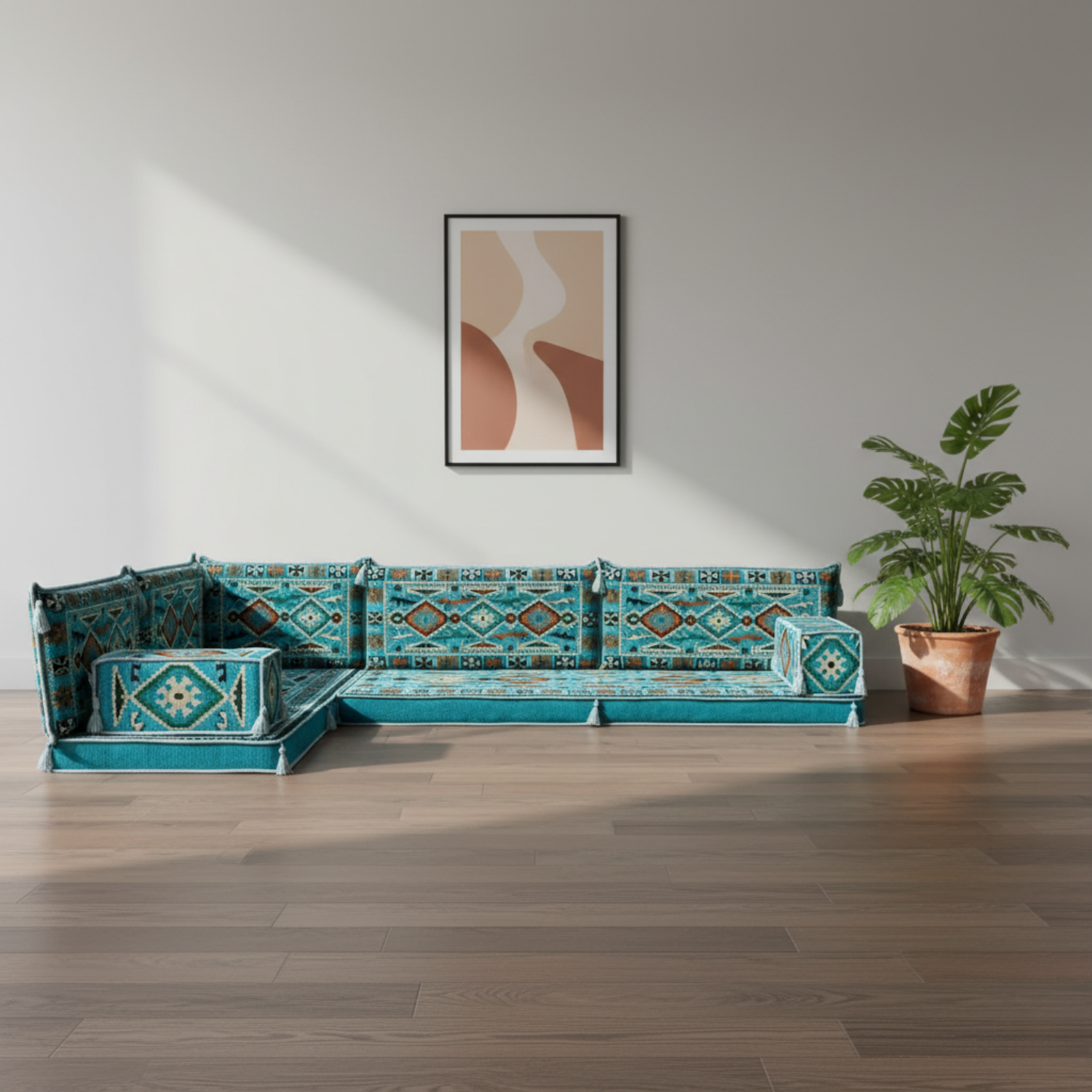 Arabic Floor Sofa Set – Turquoise L Shaped Majlis Sectional with 4 Inch Cushions