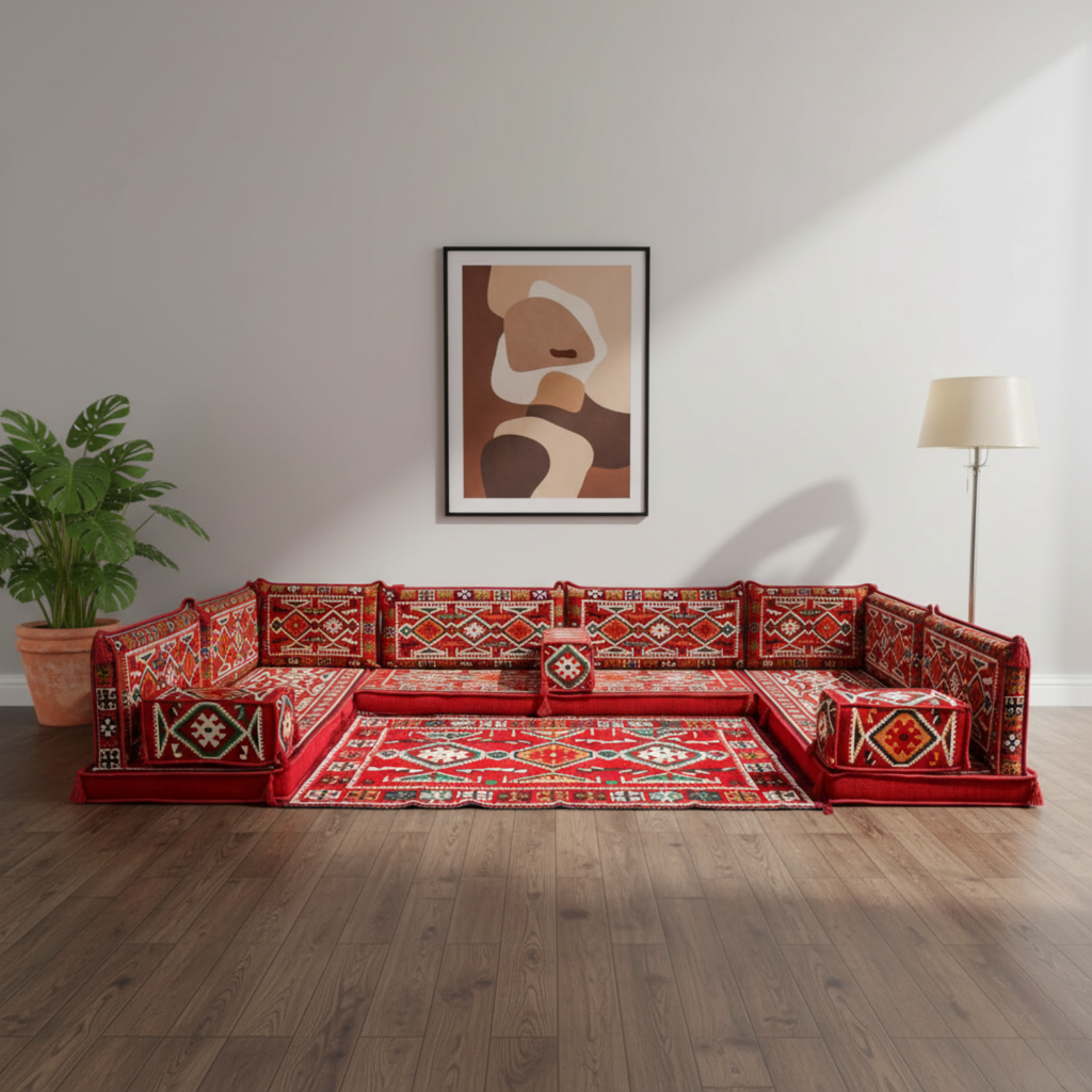 Arabic Floor Sofa Set – Red U Shaped Majlis Sectional with 4 Inch Cushions