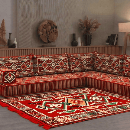 Arabic Floor Sofa Set – Red L Shaped Majlis Sectional with 8 Inch Cushions