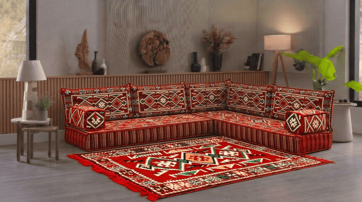 Arabic Floor Sofa Set – Red L Shaped Majlis Sectional with 8 Inch Cushions