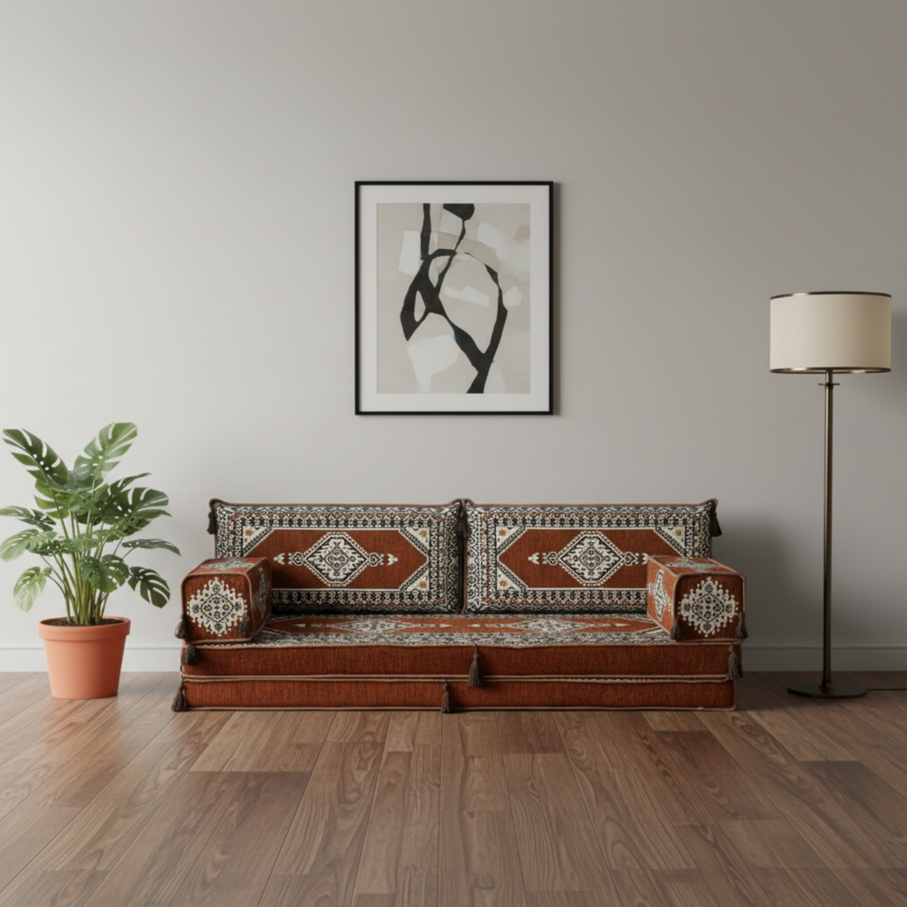 Arabic Loveseat Sofa – Brown Loveseat with 4 and 8 Inch Cushion Options