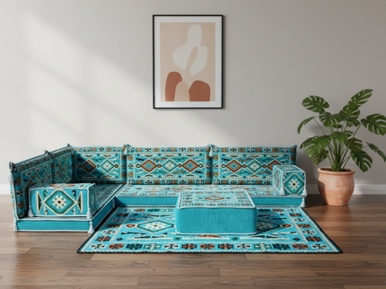 Cappadocia Kilim L-shaped Arabic floor sofa, Turquoise 4-inch, photo 4