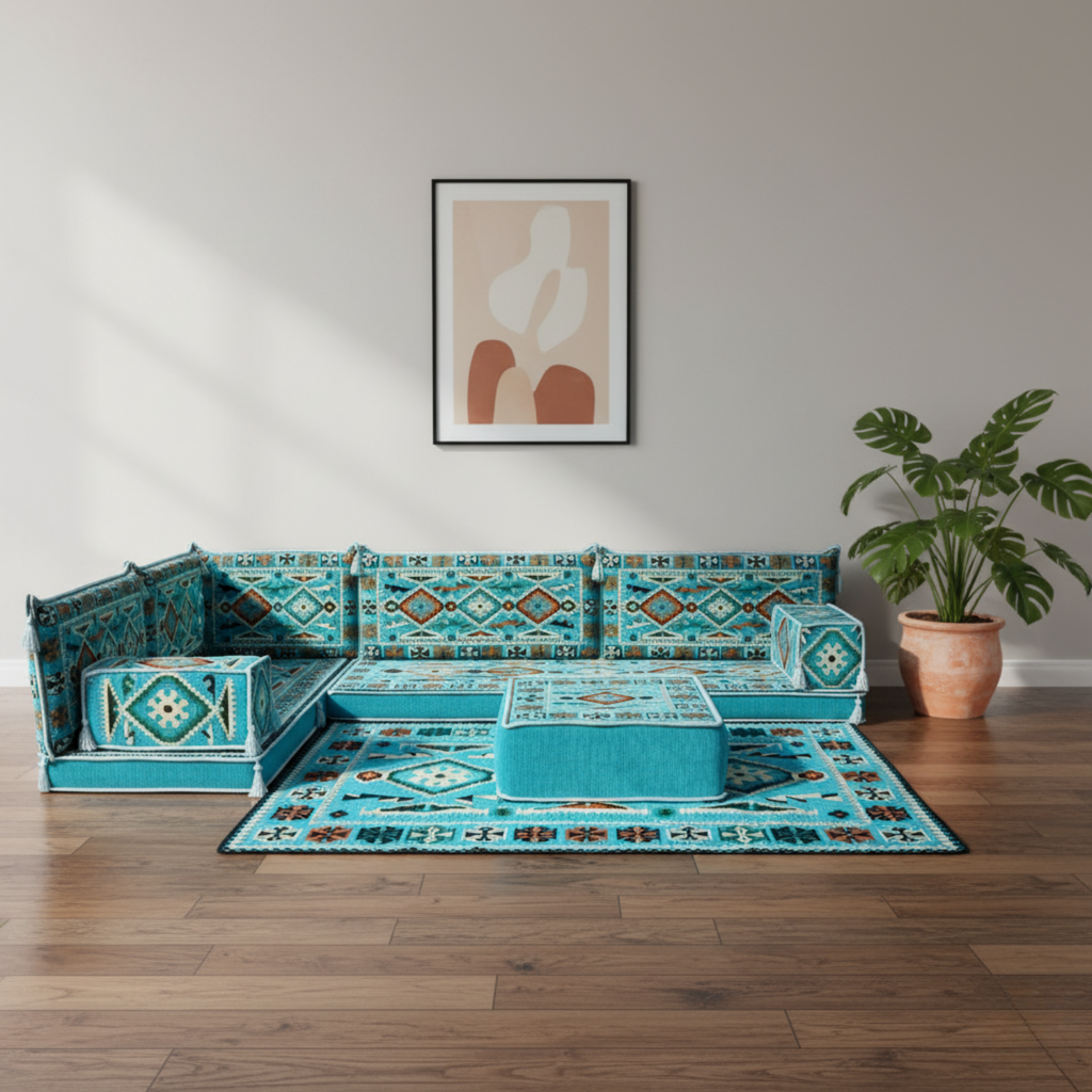 Arabic Floor Sofa Set – Turquoise L Shaped Majlis Sectional with 4 Inch Cushions
