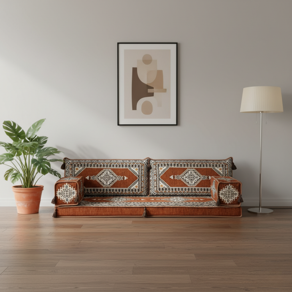 Arabic Loveseat Sofa – Brown Loveseat with 4 and 8 Inch Cushion Options