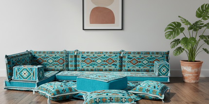 Arabic Floor Sofa Set – Turquoise L Shaped Majlis Sectional with 4 Inch Cushions