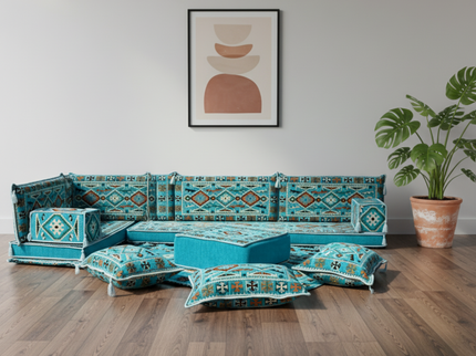 Cappadocia Kilim L-shaped Arabic floor sofa, Turquoise 4-inch, photo 1