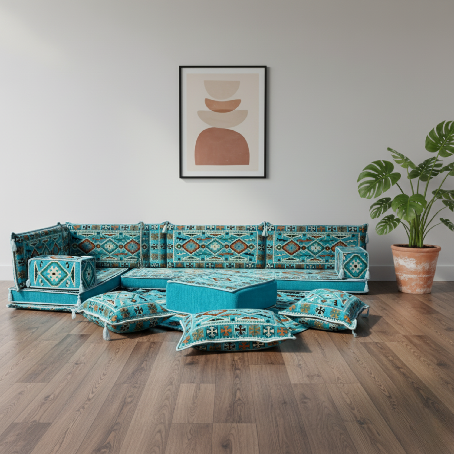 Arabic Floor Sofa Set – Turquoise L Shaped Majlis Sectional with 4 Inch Cushions