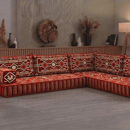 Arabic Floor Sofa Set – Red L Shaped Majlis Sectional with 8 Inch Cushions