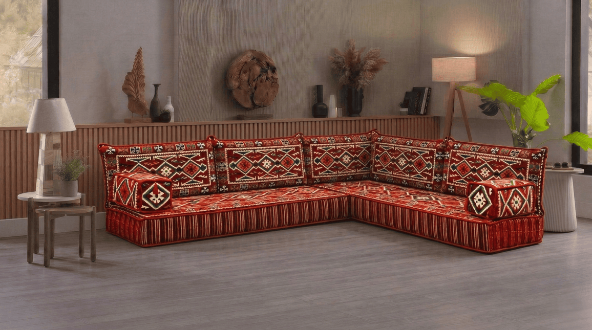 Arabic Floor Sofa Set – Red L Shaped Majlis Sectional with 8 Inch Cushions