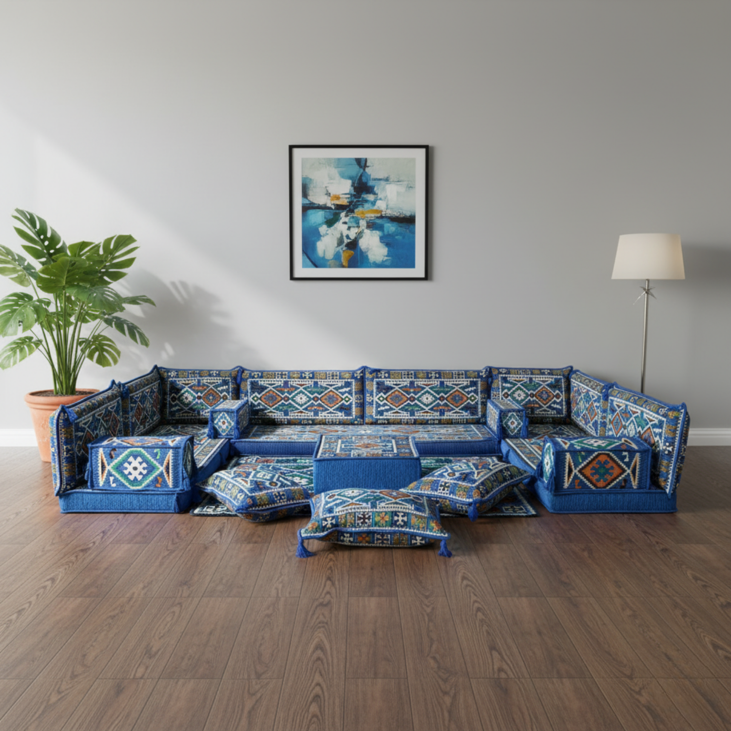 Arabic Floor Sofa Set – Blue U Shaped Majlis Sectional with 4 Inch Cushions