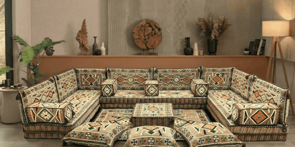 Arabic Floor Sofa Set – Light Brown U Shaped Majlis Sectional with 8 Inch Cushions