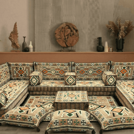 Arabic Floor Sofa Set – Light Brown U Shaped Majlis Sectional with 8 Inch Cushions
