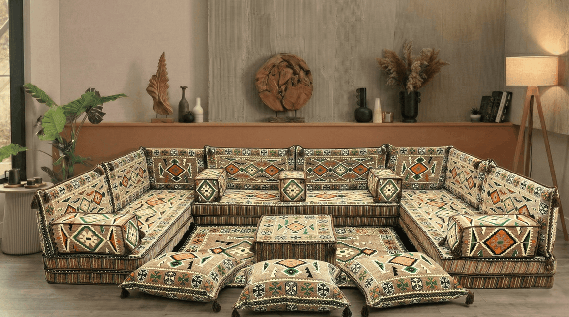 Arabic Floor Sofa Set – Light Brown U Shaped Majlis Sectional with 8 Inch Cushions