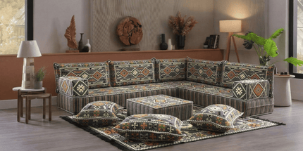 Arabic Floor Sofa Set – Dark Gray L Shaped Majlis Sectional with 8 Inch Cushions