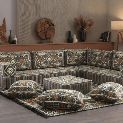 Arabic Floor Sofa Set – Dark Gray L Shaped Majlis Sectional with 8 Inch Cushions