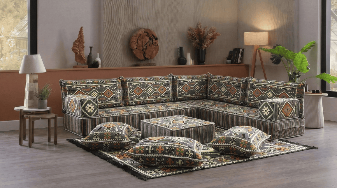 Arabic Floor Sofa Set – Dark Gray L Shaped Majlis Sectional with 8 Inch Cushions